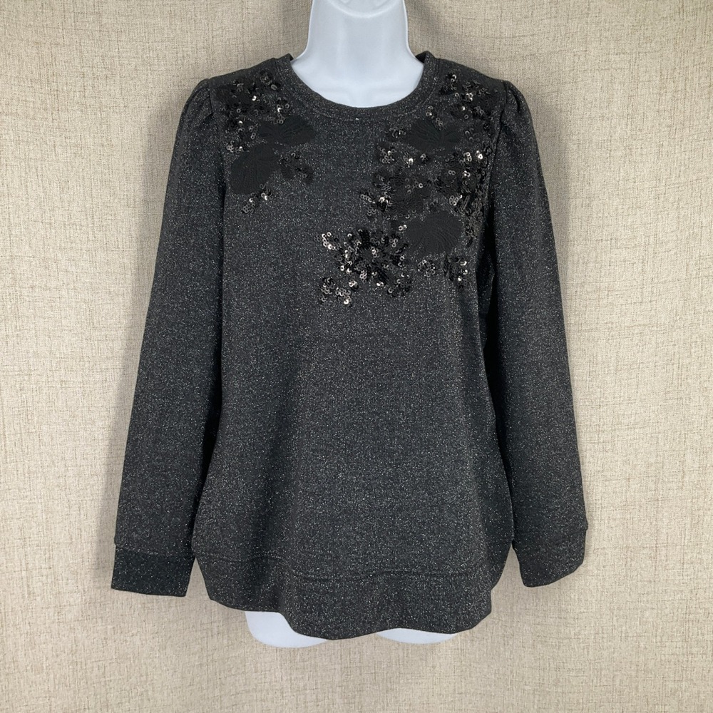 Crown & Ivy Sweatshirt Women Small Black Metallic Sequin Floral Puff‎ Sleeve NEW